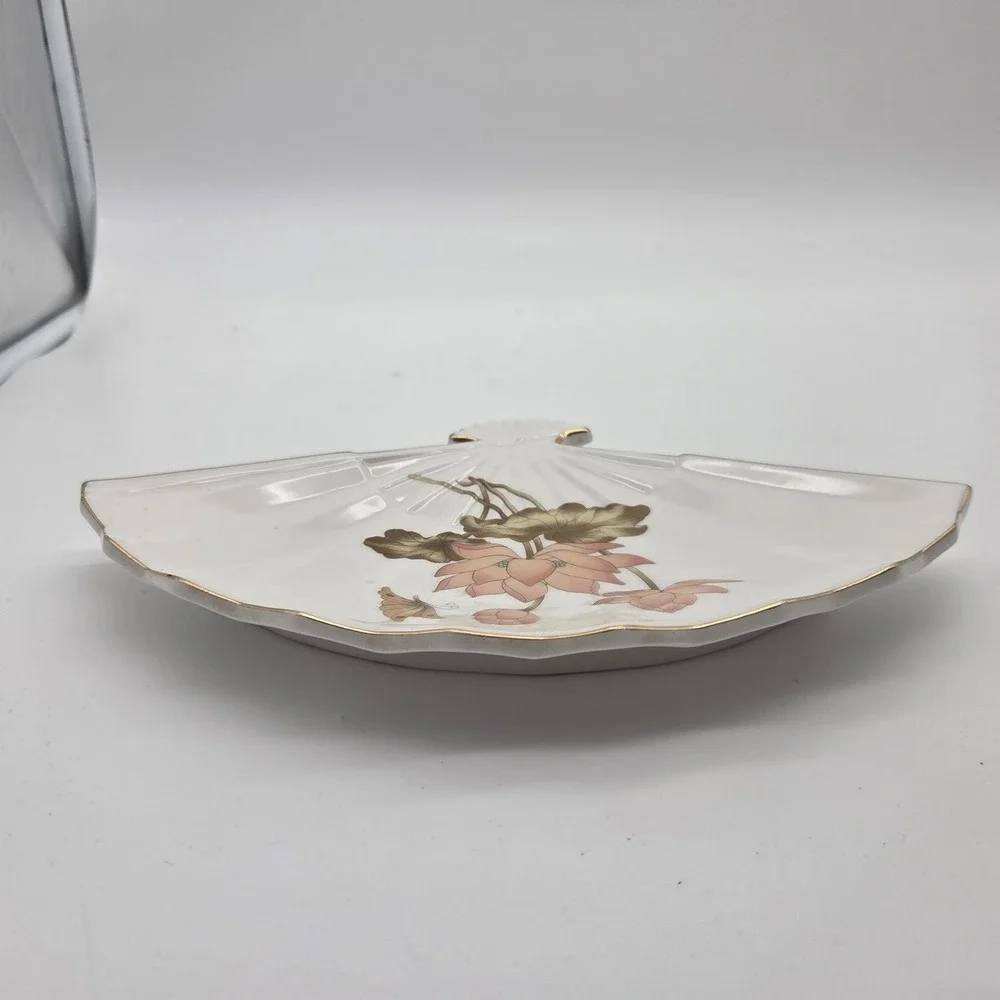 Vintage Fan Shaped Porcelain Dish Tray Pink Floral Lotus Butterfly Made in Japan
